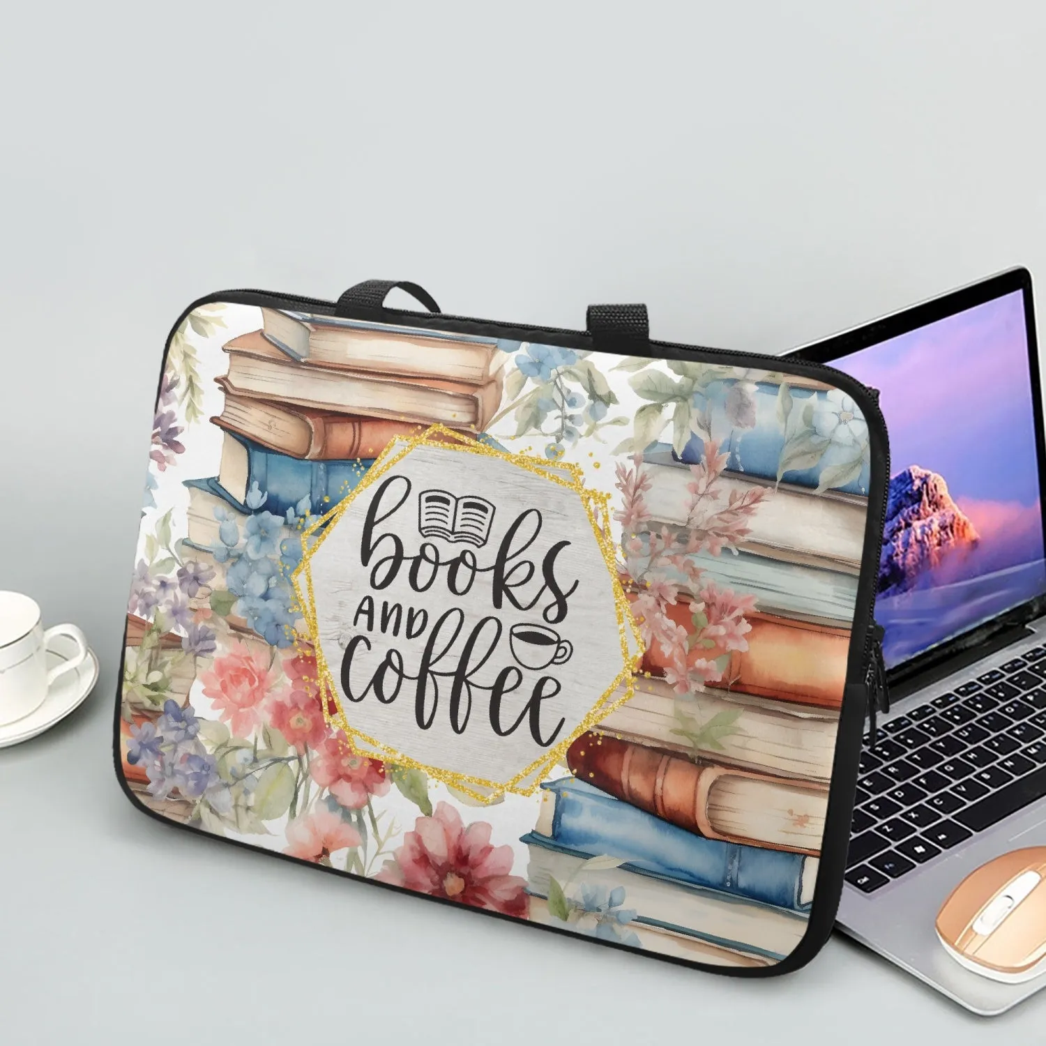 Laptop Sleeve with handles - Books -  Books and Coffee - awd - 504