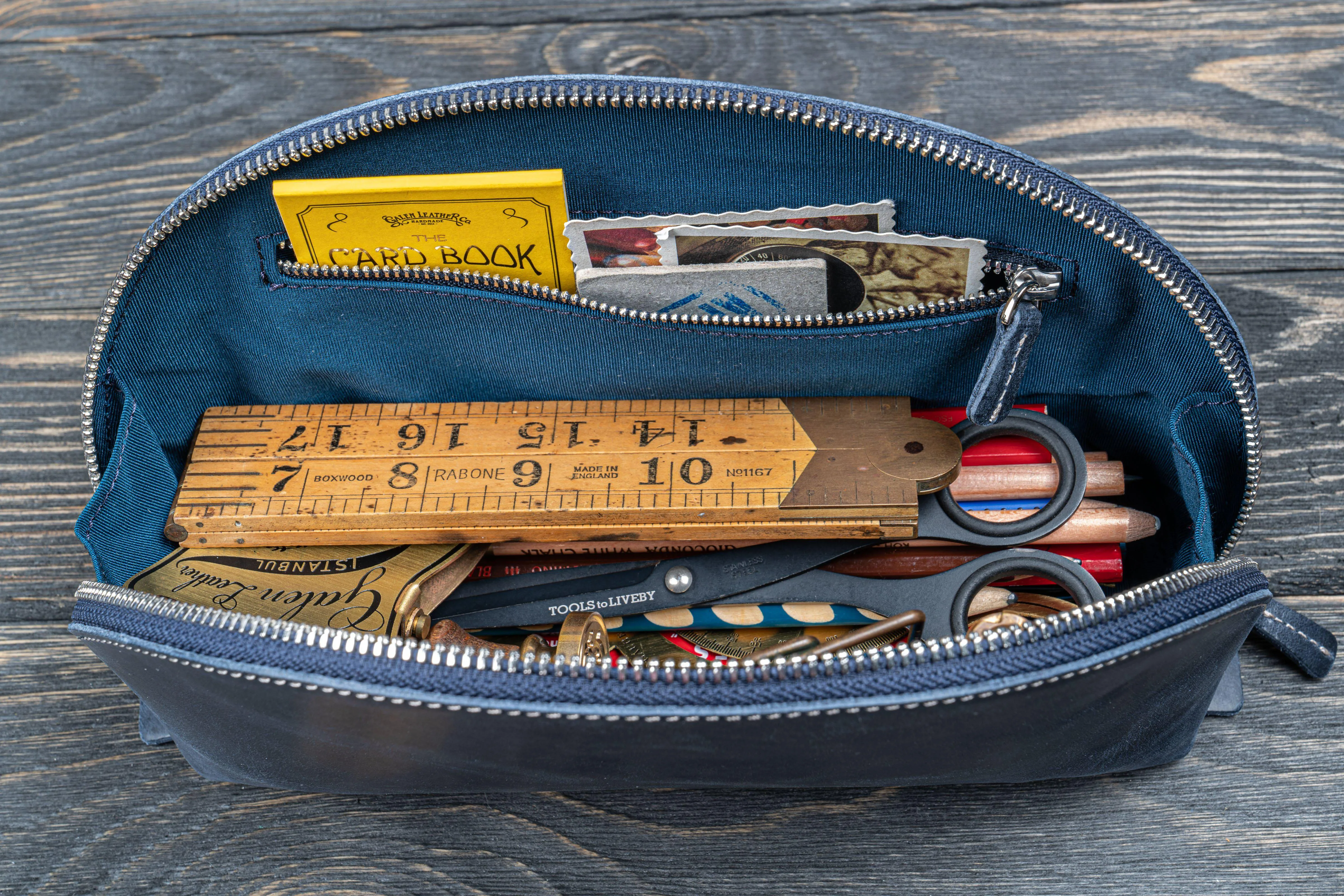 Leather Lunar Makeup / Toiletry Bag - Crazy Horse Navy Blue