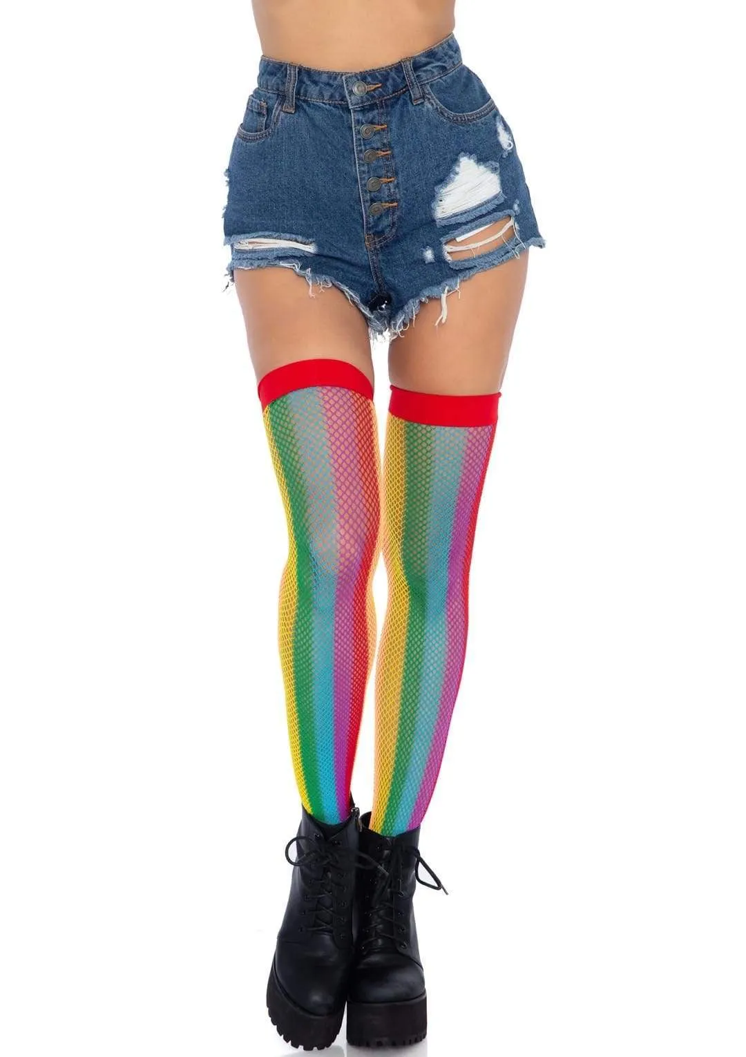 Leg Avenue Rainbow Fishnet Thigh Highs - One Size - Multicolor