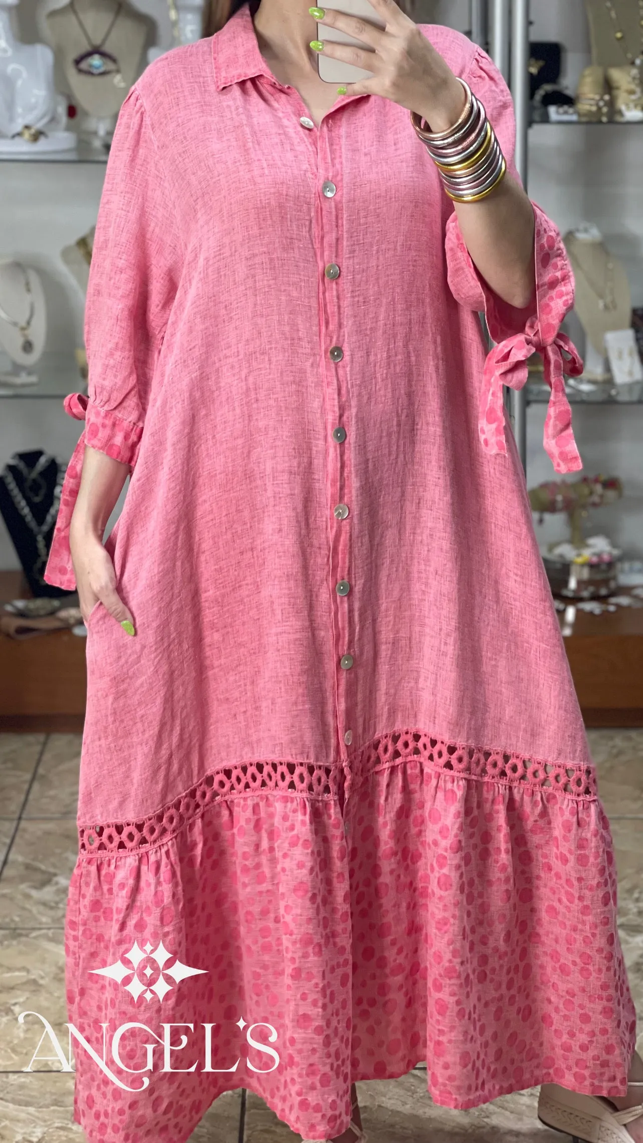 Linen With Polka Details OS Dress