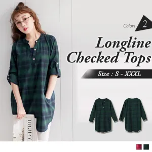 LONG SLEEVE FAKE TWO PIECE LONGLINE CHECKED TOPS