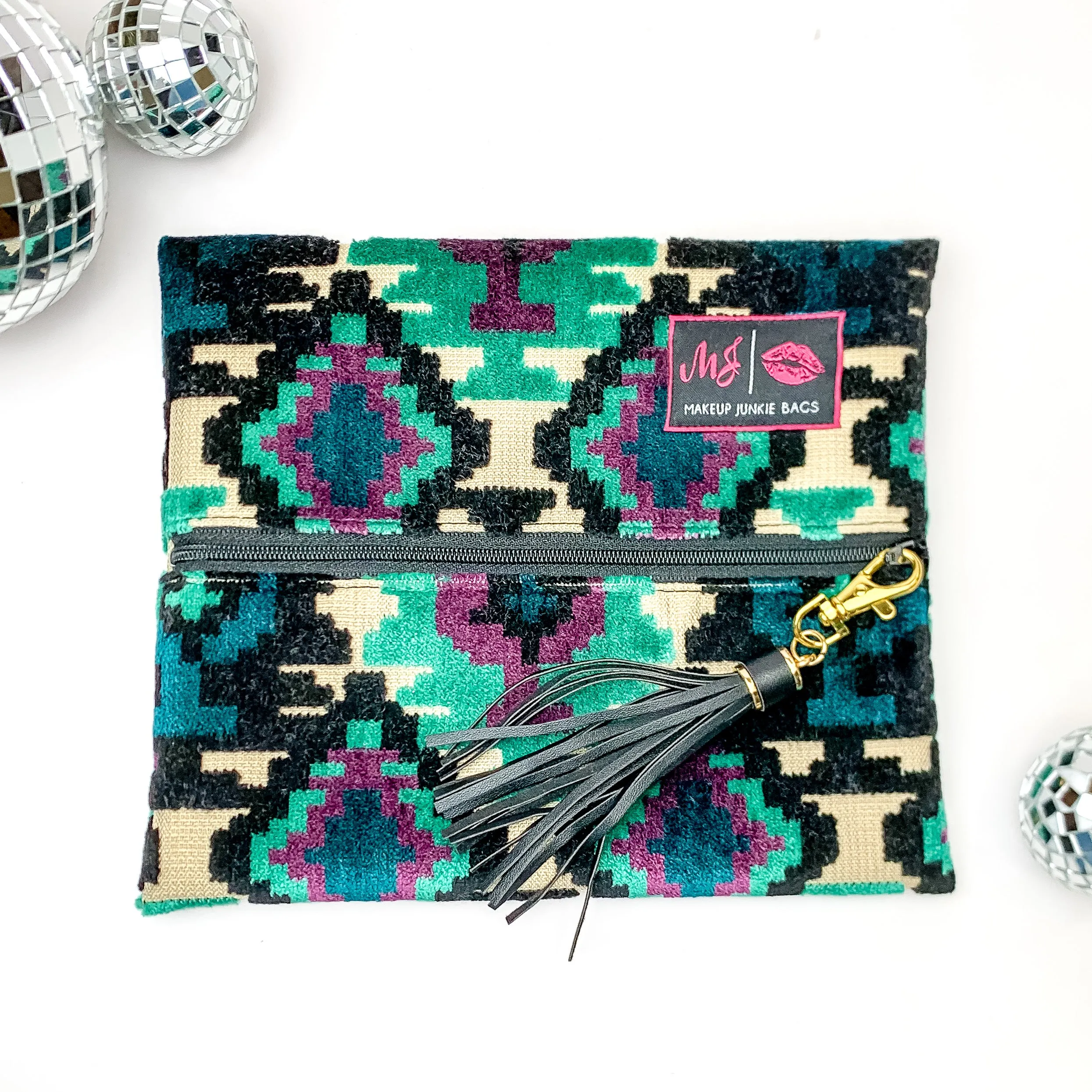 Makeup Junkie | Small Midnight Aztec Lay Flat Bag in Turquoise Green and Black Mix