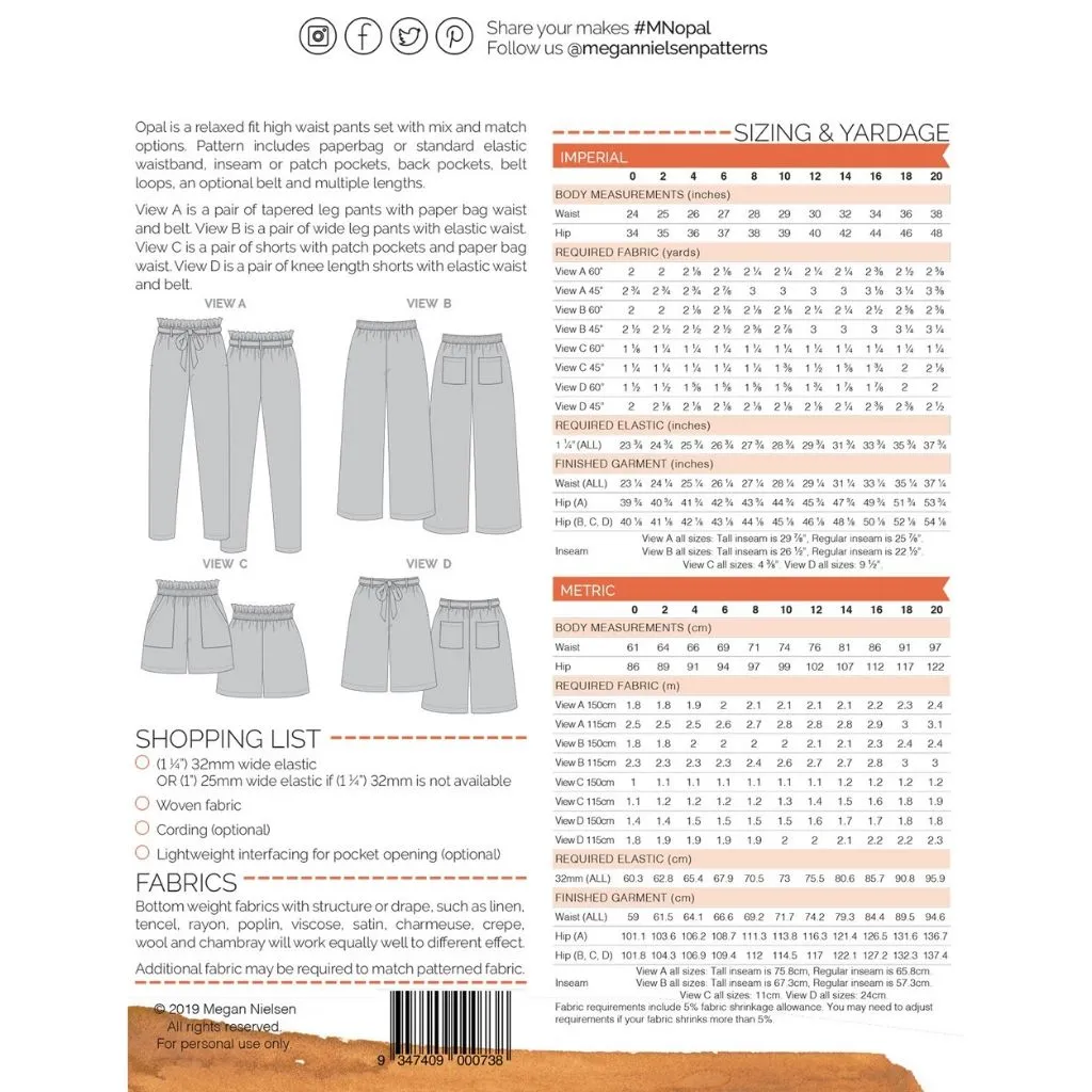 Megan Nielsen Patterns Opal Pants & Shorts