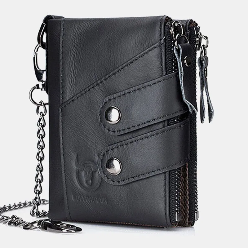 Men Genuine Leather Cowhide RFID Anti-theft Retro Zipper With Chain Card Holder Wallet