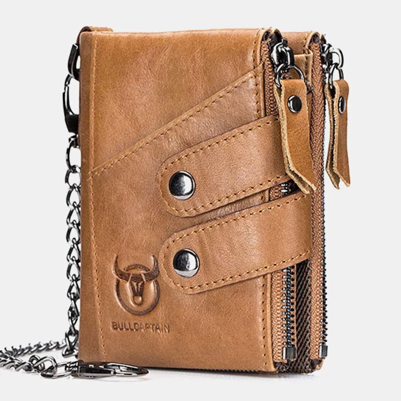 Men Genuine Leather Cowhide RFID Anti-theft Retro Zipper With Chain Card Holder Wallet