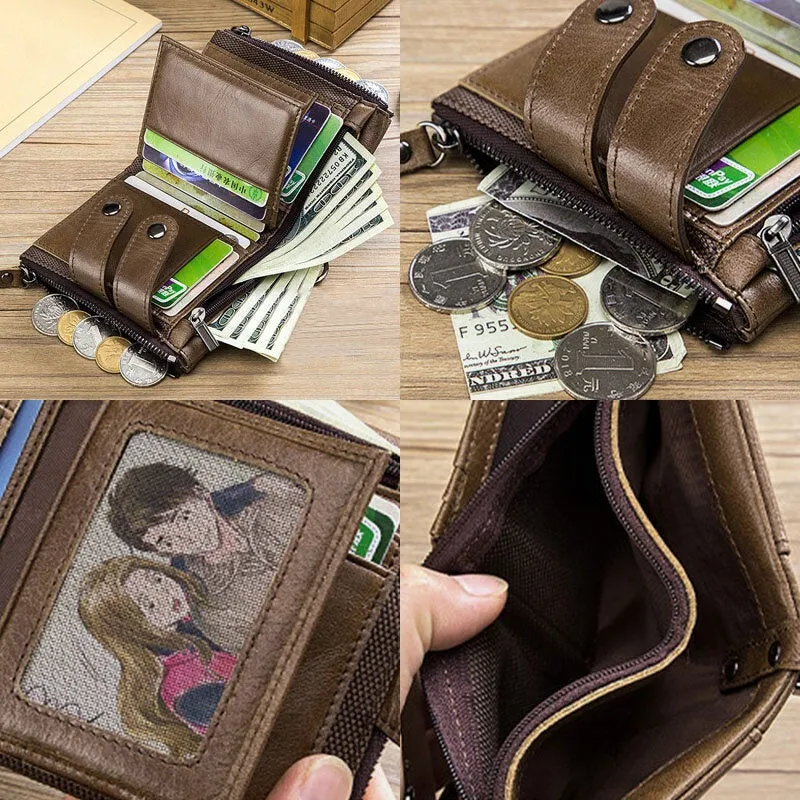 Men Genuine Leather Cowhide RFID Anti-theft Retro Zipper With Chain Card Holder Wallet