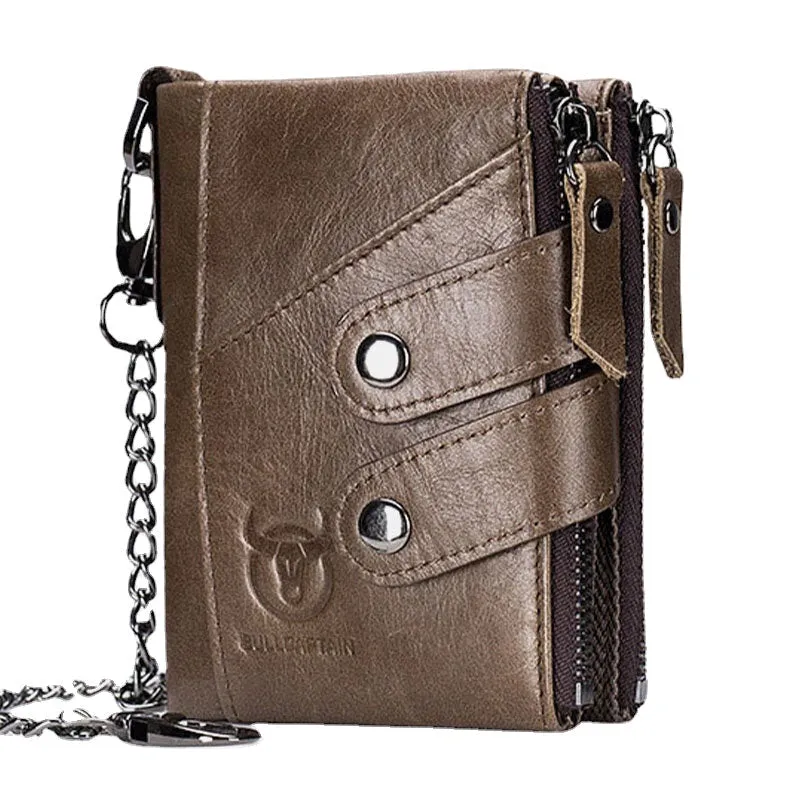 Men Genuine Leather Cowhide RFID Anti-theft Retro Zipper With Chain Card Holder Wallet