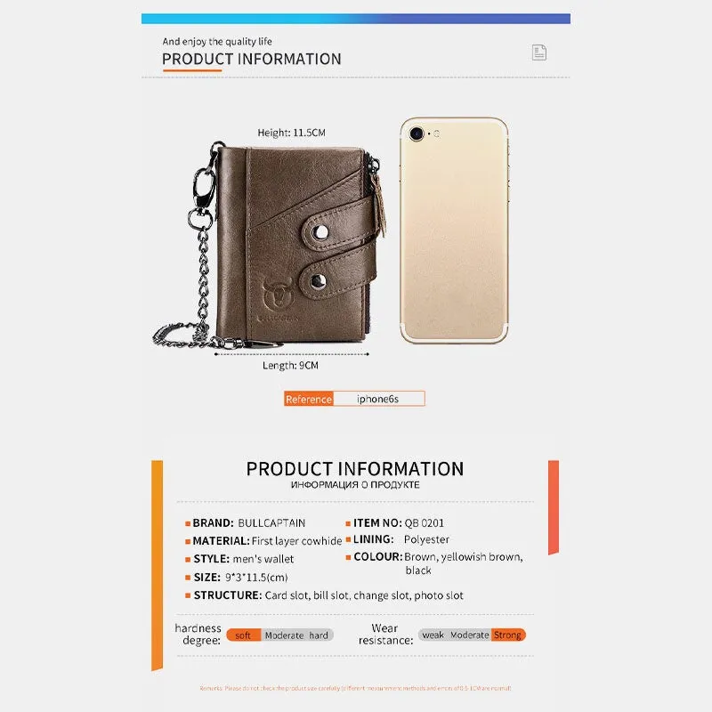 Men Genuine Leather Cowhide RFID Anti-theft Retro Zipper With Chain Card Holder Wallet