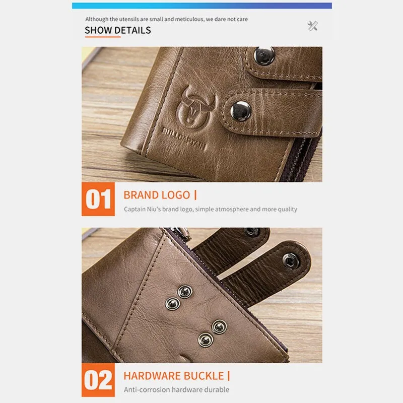 Men Genuine Leather Cowhide RFID Anti-theft Retro Zipper With Chain Card Holder Wallet