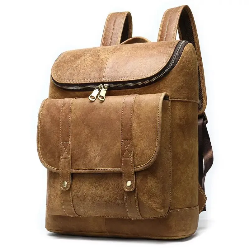 Men's Genuine Leather Brown Backpack with Laptop Pocket - Spacious 32cm*12cm*39.5cm Size