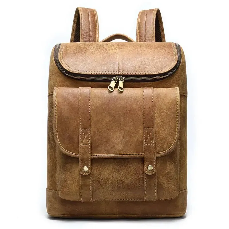 Men's Genuine Leather Brown Backpack with Laptop Pocket - Spacious 32cm*12cm*39.5cm Size