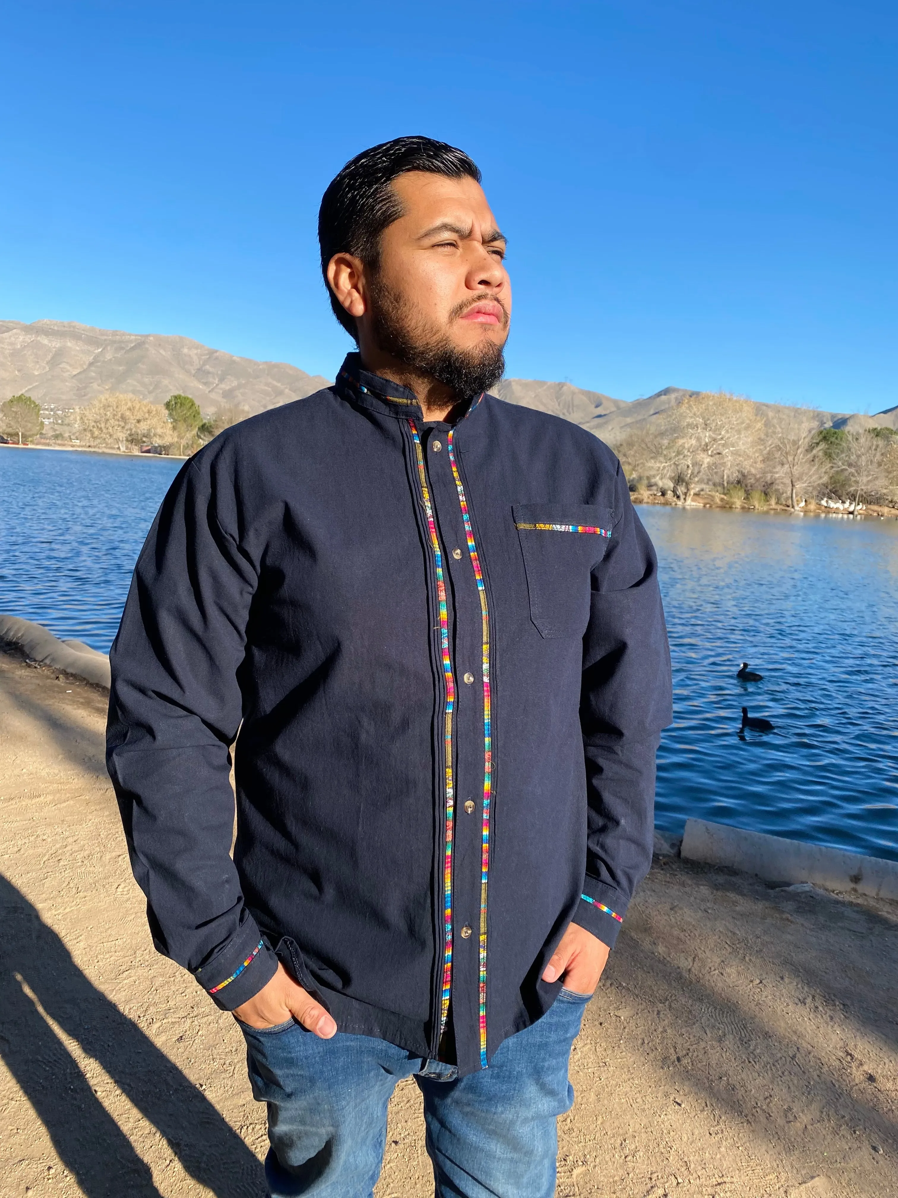 Mens Guayabera Navy Blue Long Sleeve