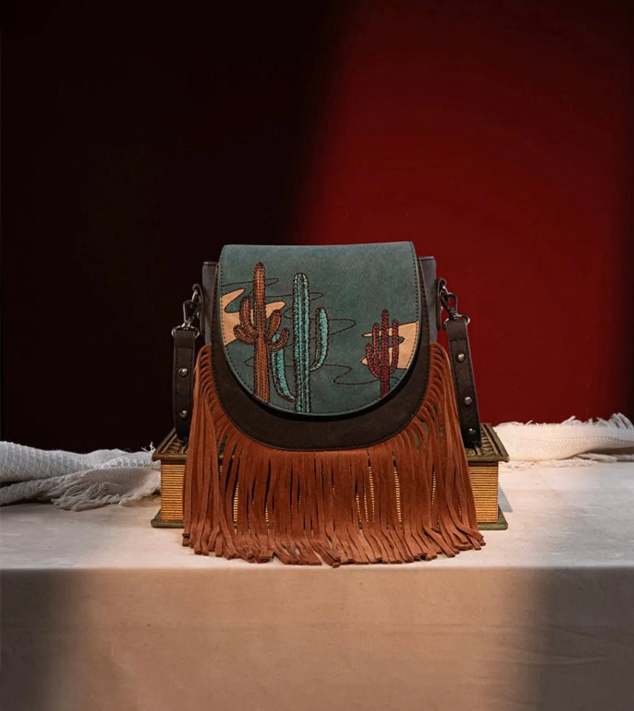 Montana West Cactus Embroidered Fringe Crossbody Bag