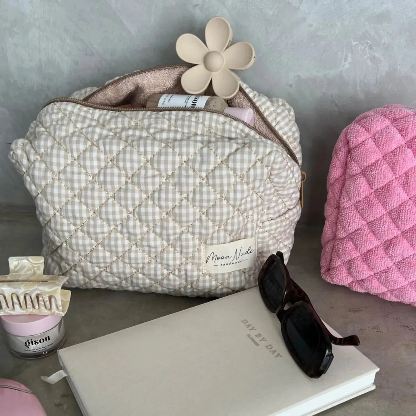 Nude Gingham Make Up Bag