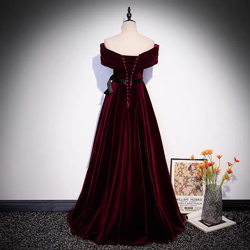 Off Shoulders Burgundy Velvet Prom Dress