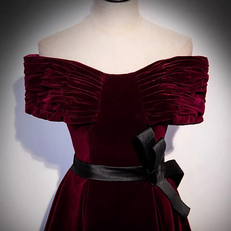 Off Shoulders Burgundy Velvet Prom Dress