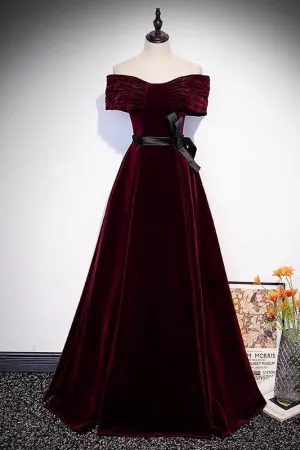 Off Shoulders Burgundy Velvet Prom Dress