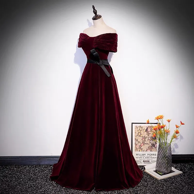 Off Shoulders Burgundy Velvet Prom Dress