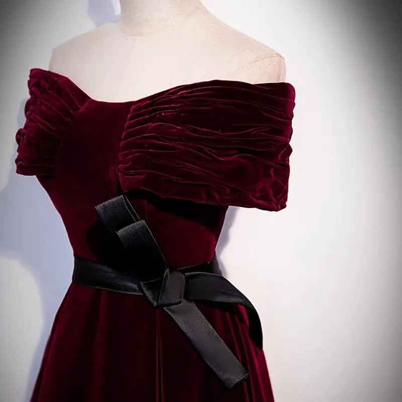 Off Shoulders Burgundy Velvet Prom Dress