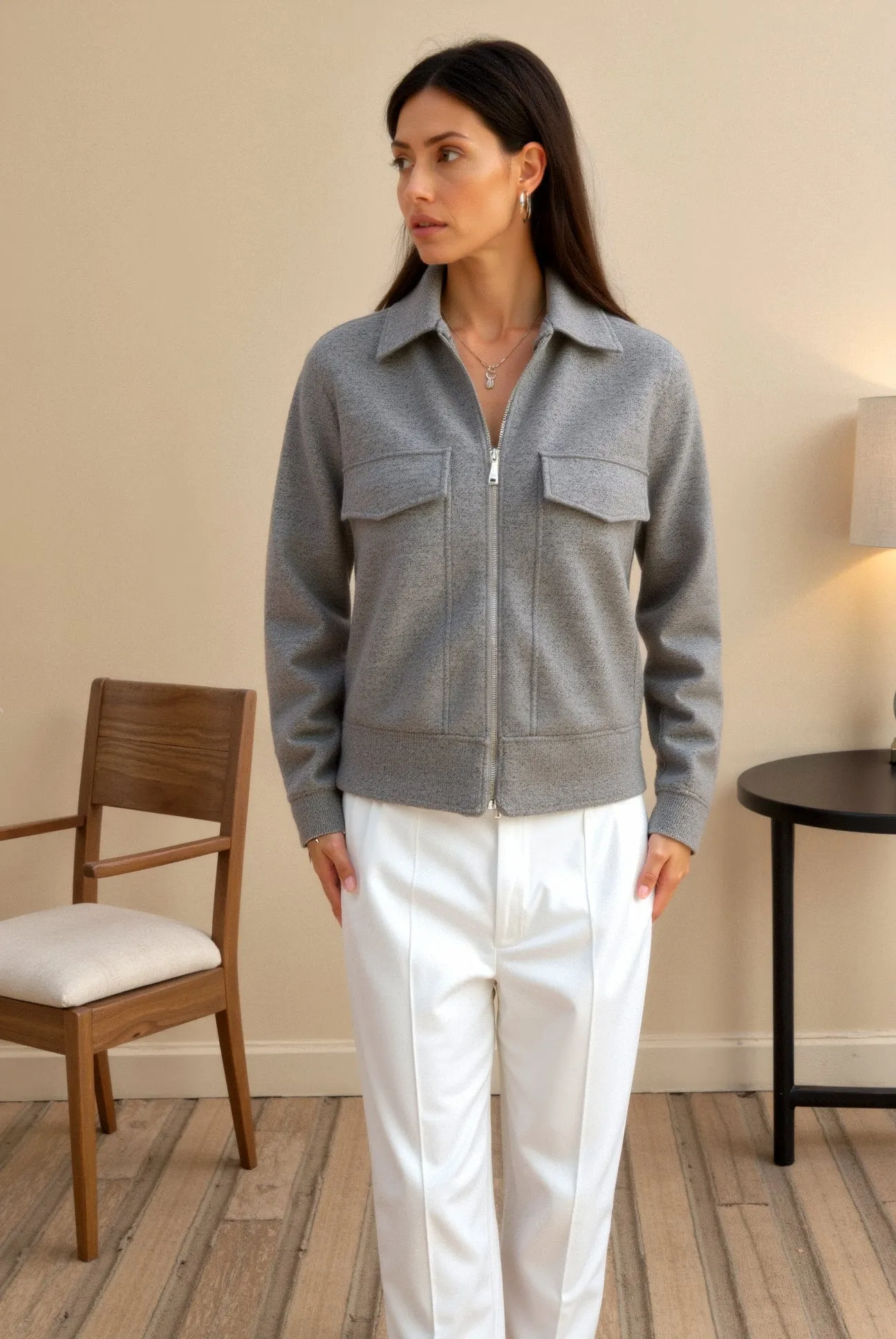 Old Money Elegant Plain Color Zip Up Tweed Jacket