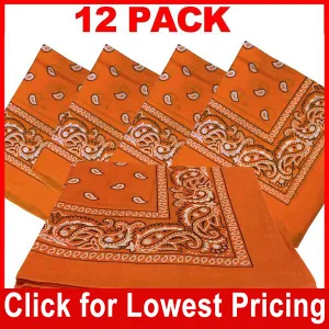 Orange Bandana - 100% Cotton - Paisley Bandana - 12 Pack