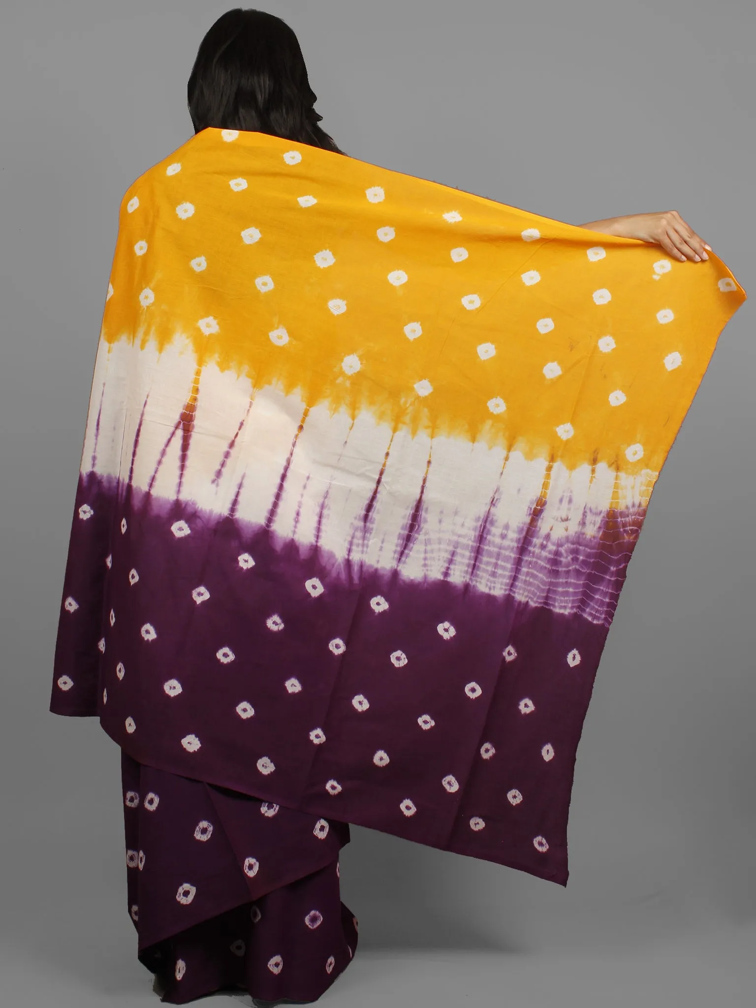 Orange Dark Purple White Hand Shibori Dyed Cotton Saree - S031702406