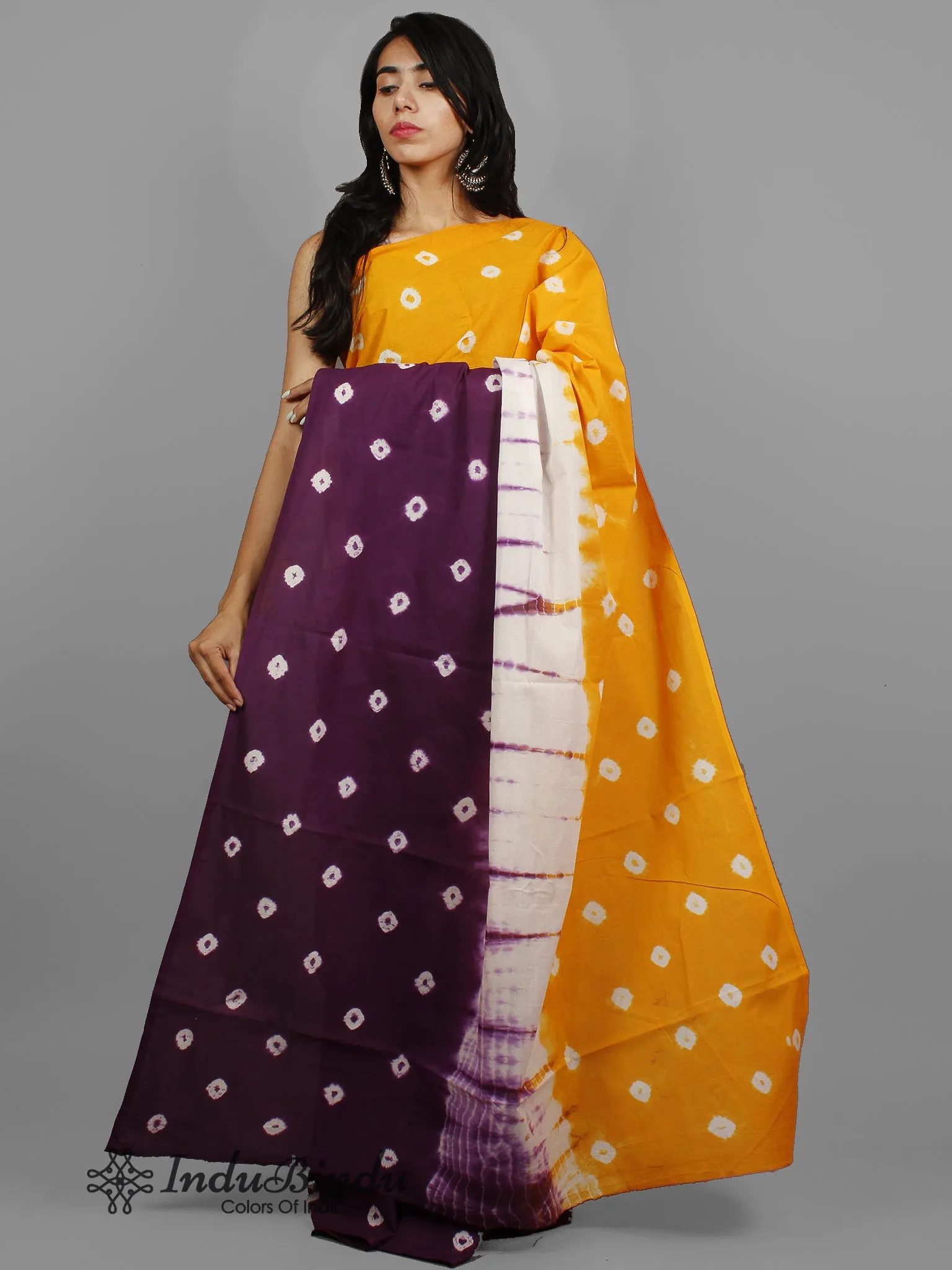 Orange Dark Purple White Hand Shibori Dyed Cotton Saree - S031702406