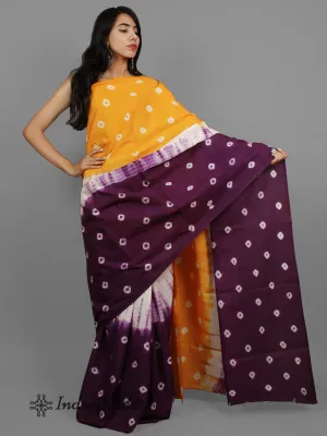 Orange Dark Purple White Hand Shibori Dyed Cotton Saree - S031702406