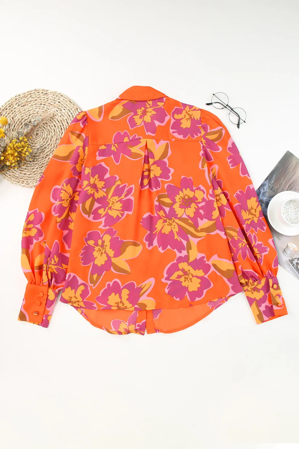 Orange Floral Print Lantern Sleeve Shirt