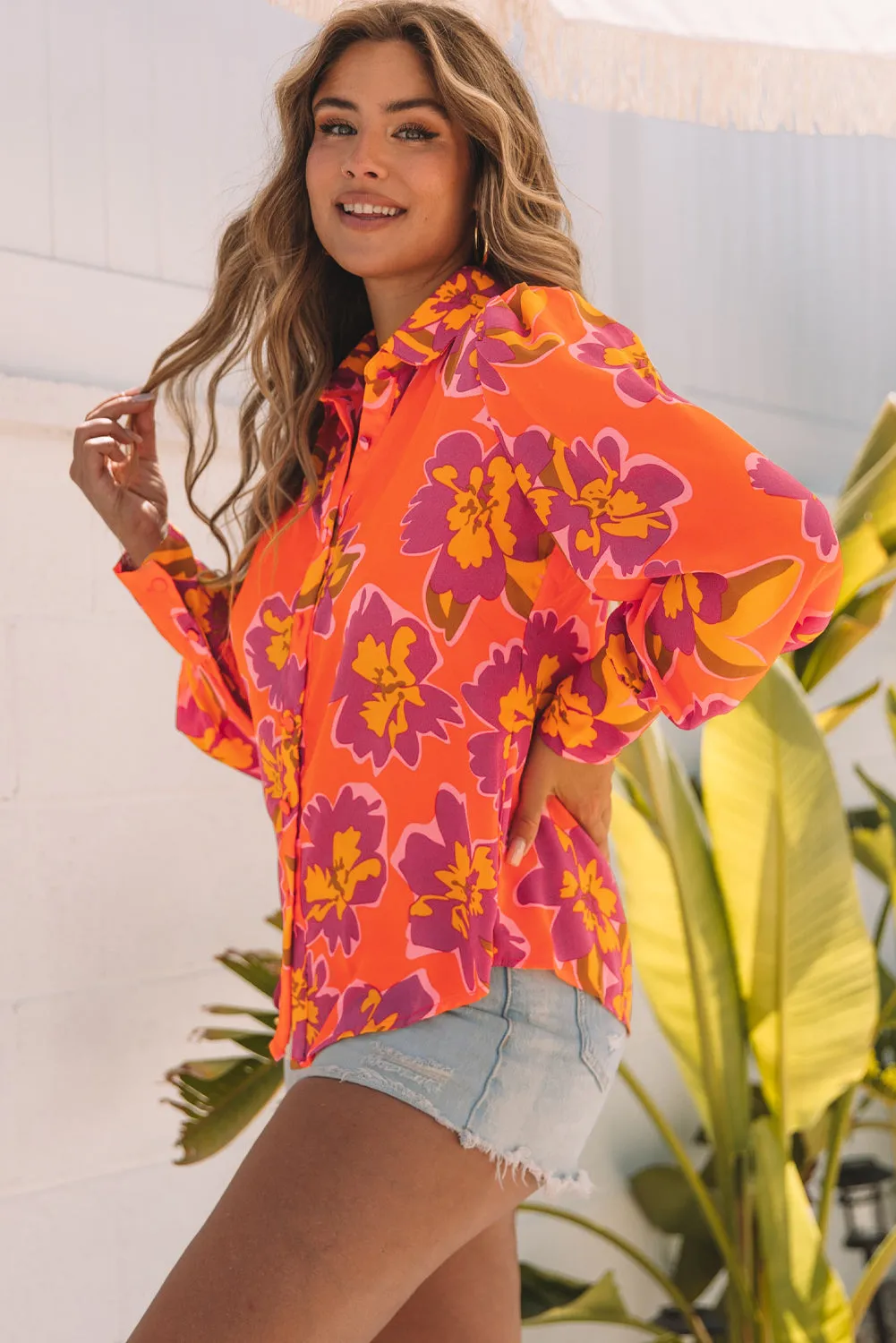 Orange Floral Print Lantern Sleeve Shirt