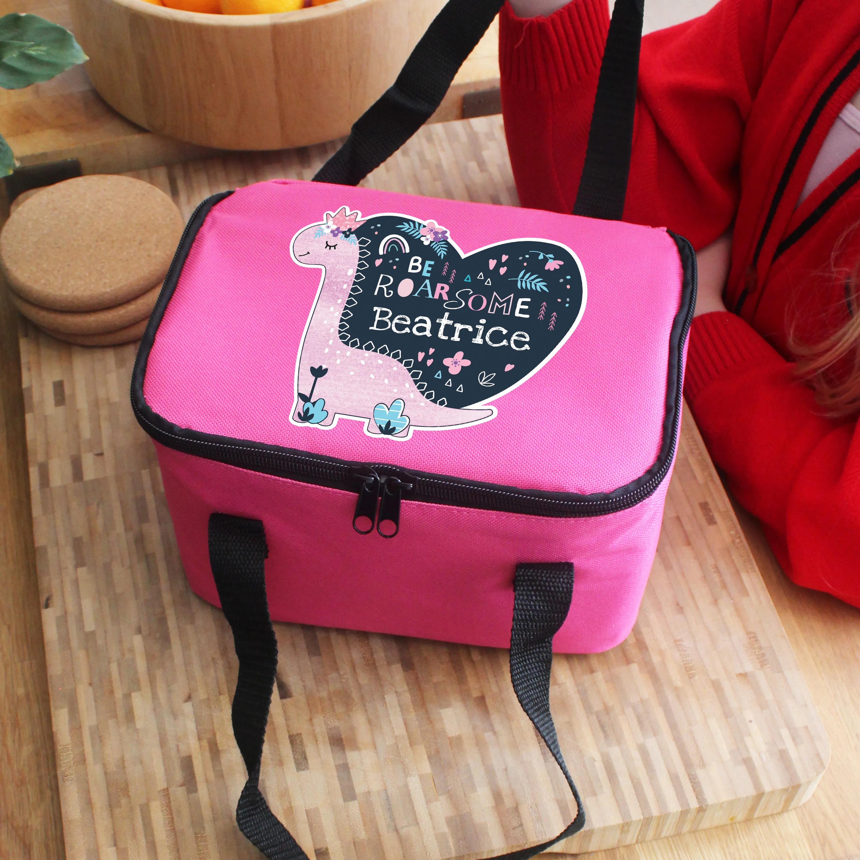 Personalised Dinosaur Pink Lunch Bag