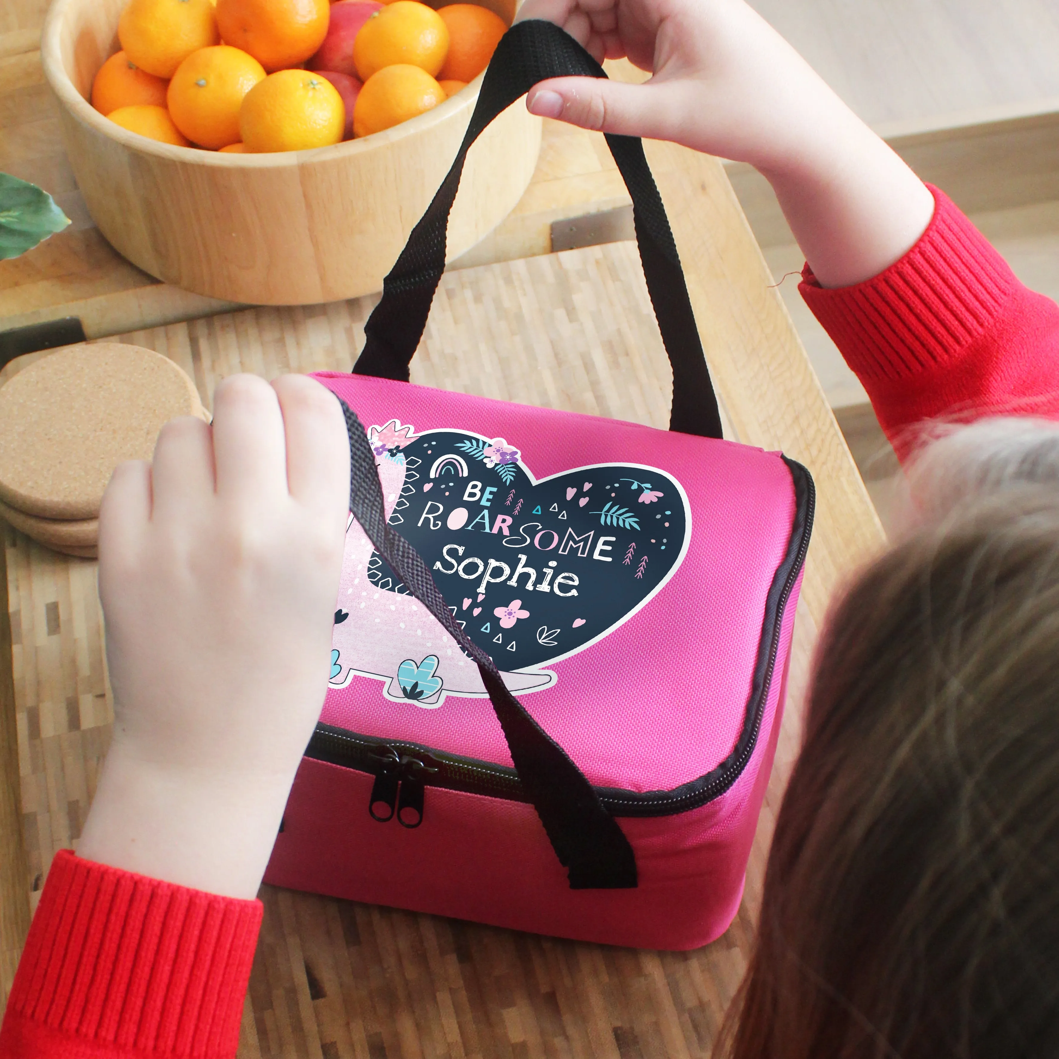 Personalised Dinosaur Pink Lunch Bag