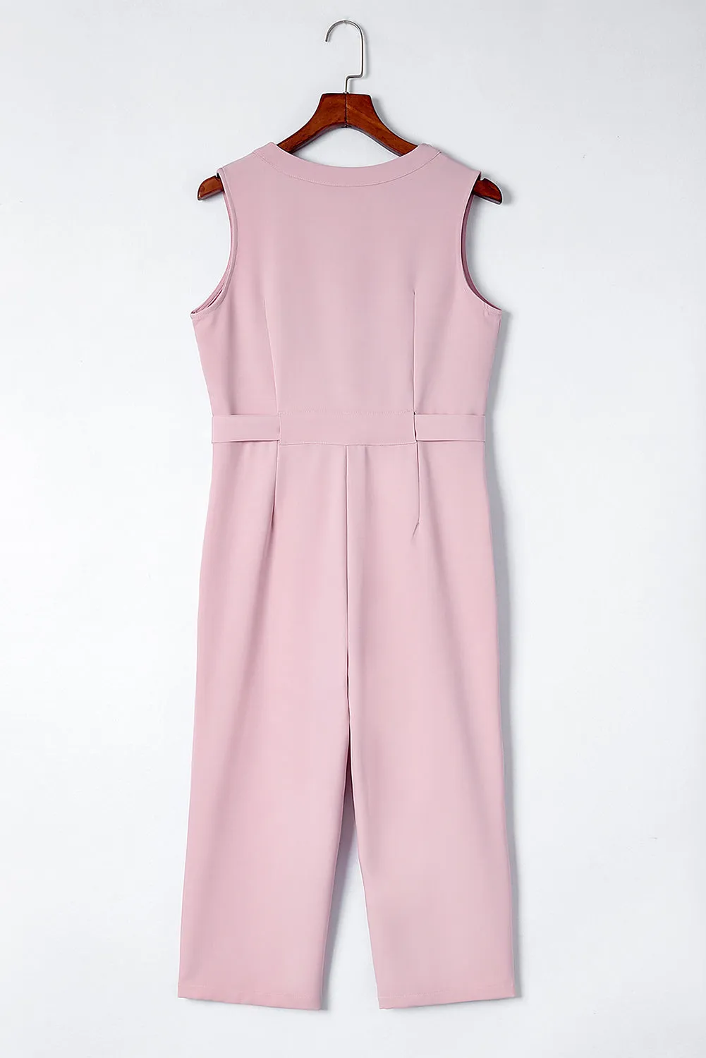 Pink Buttoned Sleeveless Cropped Jumpsuit With Sash