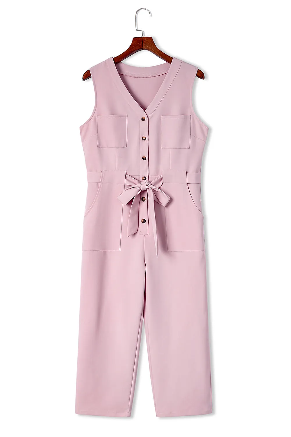 Pink Buttoned Sleeveless Cropped Jumpsuit With Sash