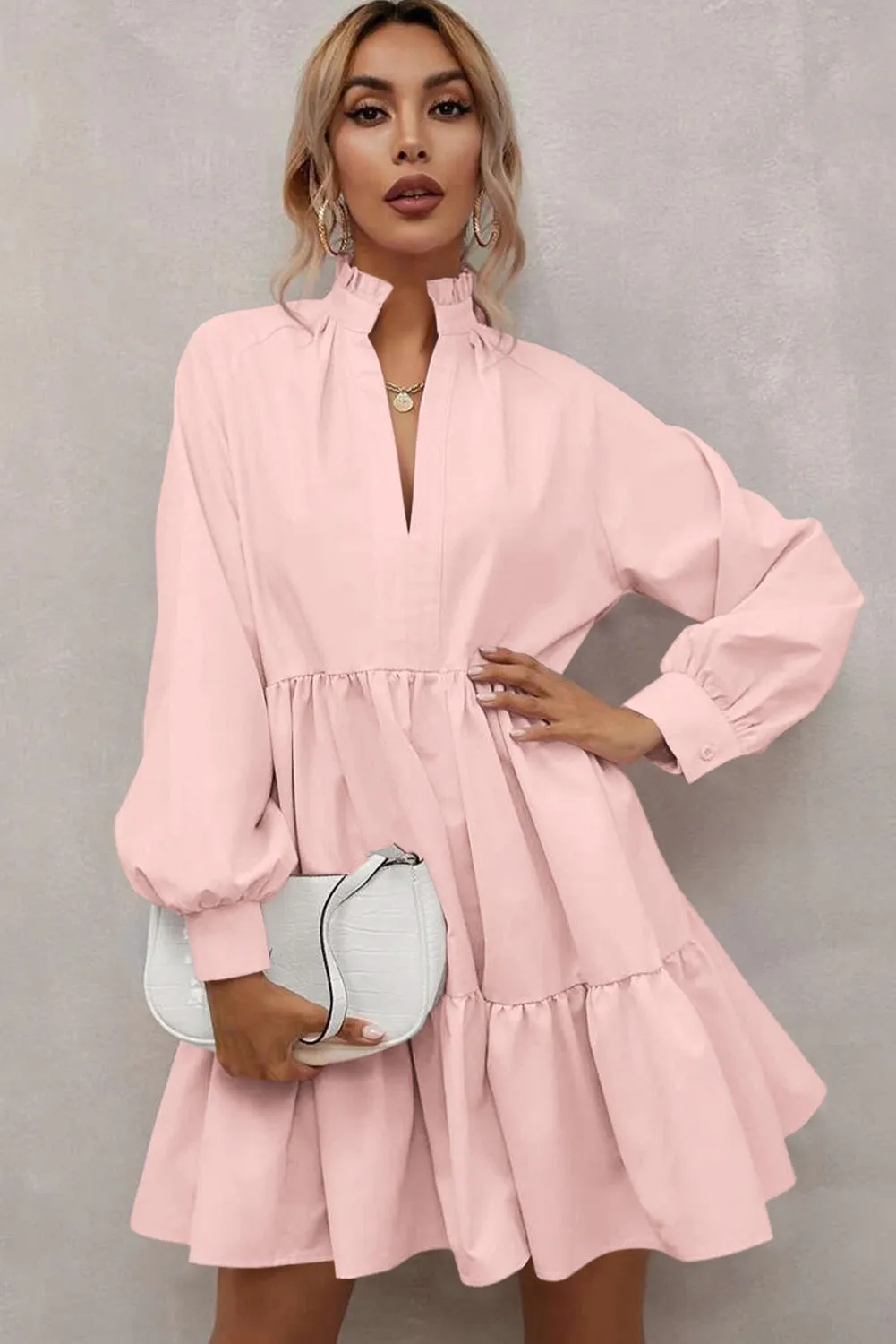 Pink Casual Stand V Neck Short Frill Dress