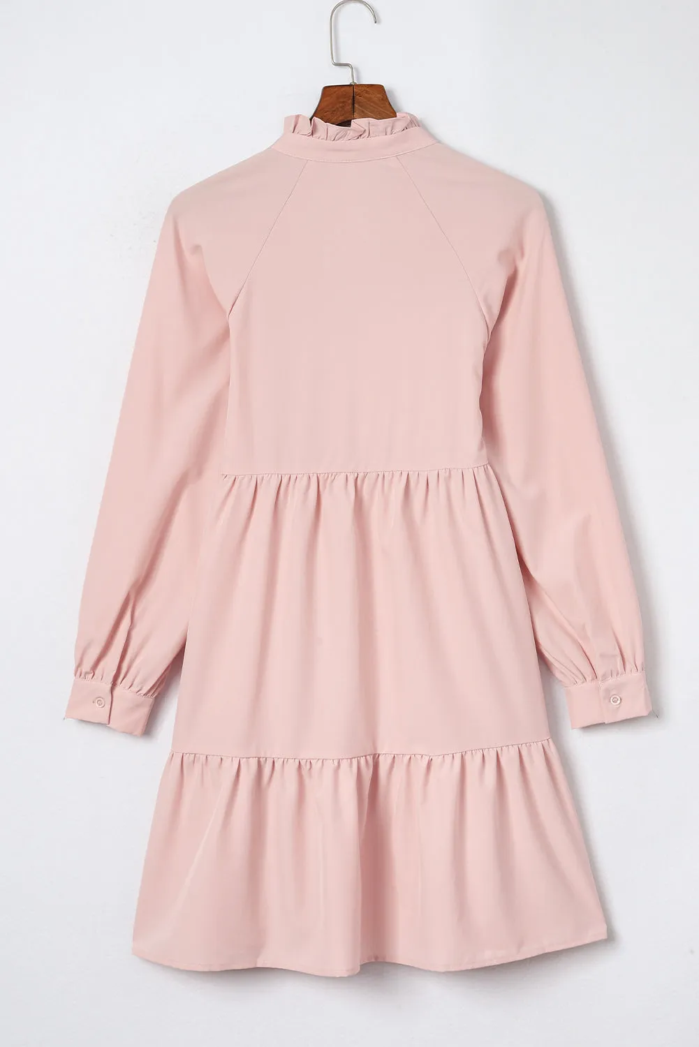 Pink Casual Stand V Neck Short Frill Dress