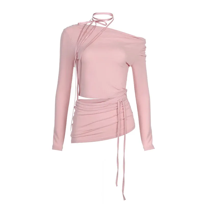 Pink Sweet Chic Female T-shirt Swinging Collar Tie Up Autumn Tee Shirt Slim Coquette Clothes Fashion Top Off Shoulder