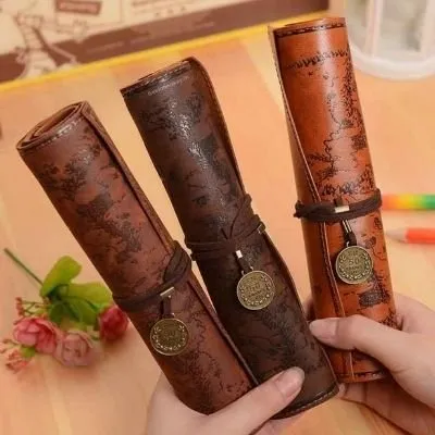 Pirate Pen Case - Roll up Leather