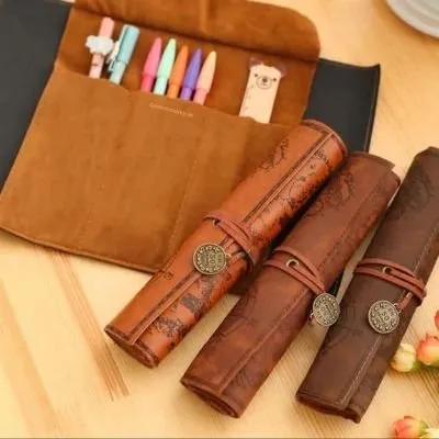 Pirate Pen Case - Roll up Leather