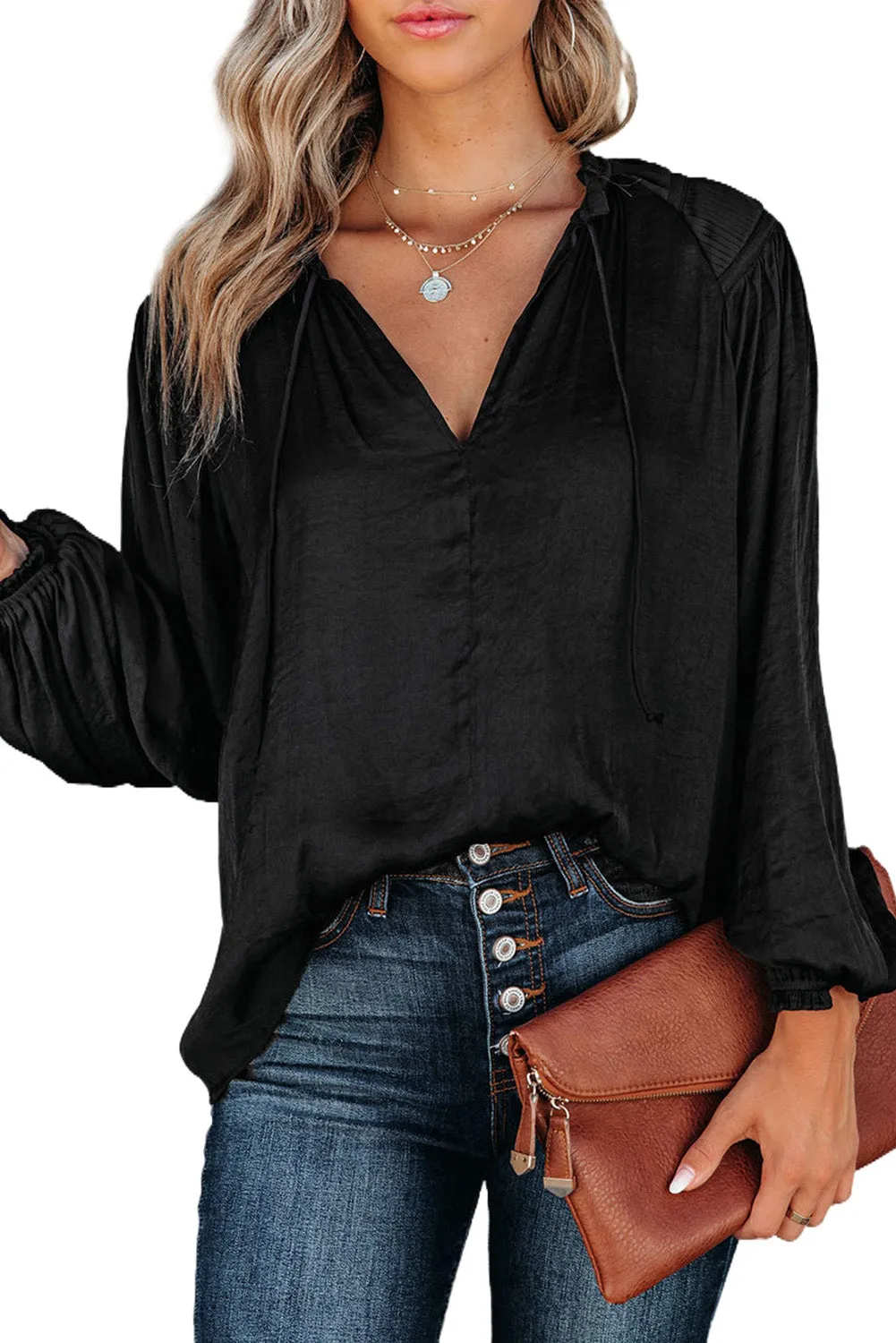 Pleated Balloon Sleeve V-Neck Blouse