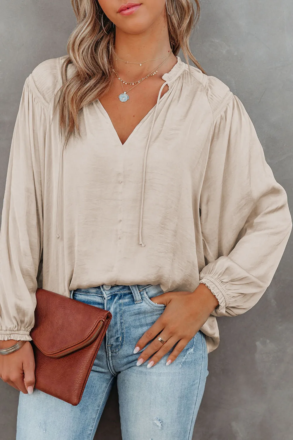 Pleated Balloon Sleeve V-Neck Blouse