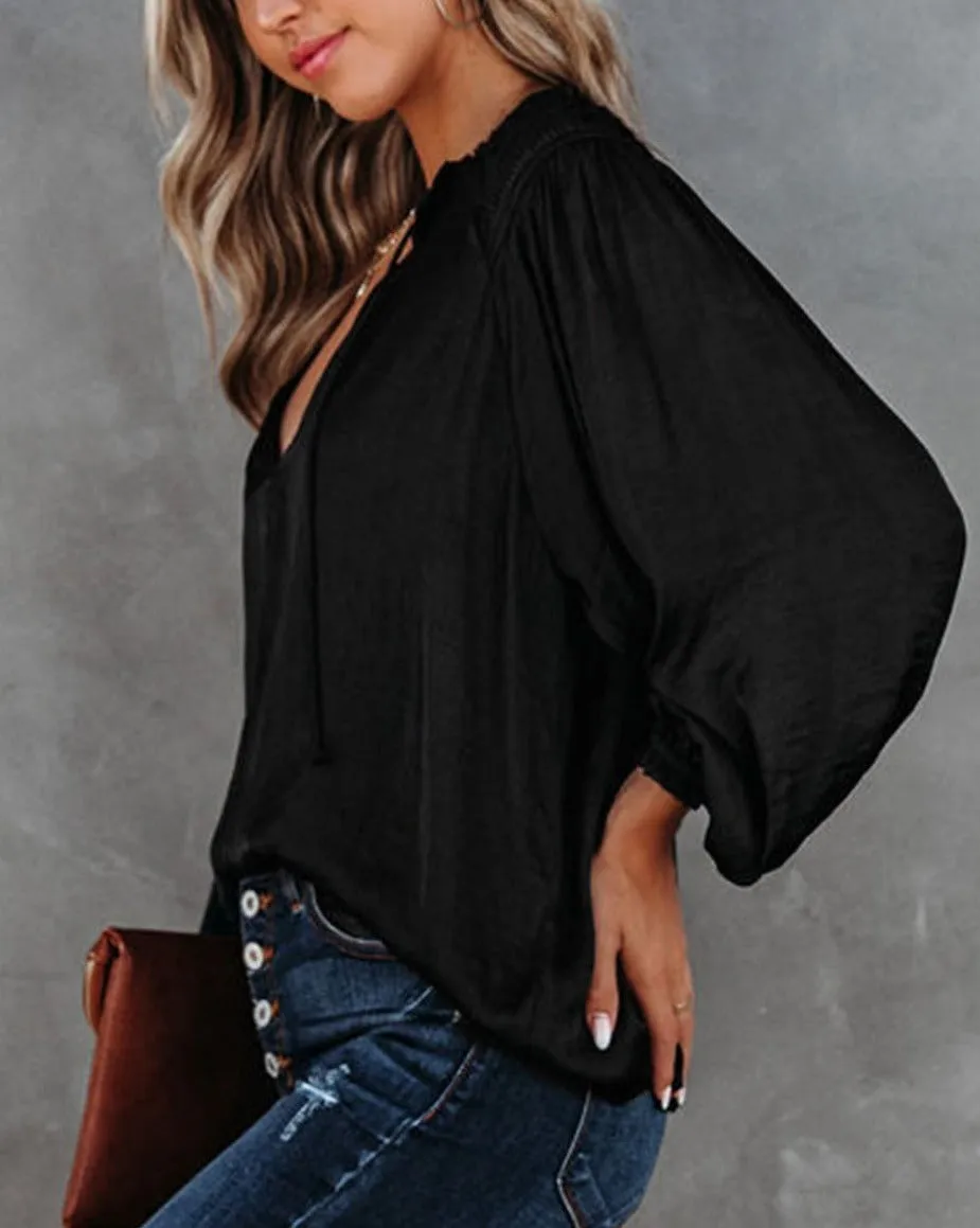 Pleated Balloon Sleeve V-Neck Blouse