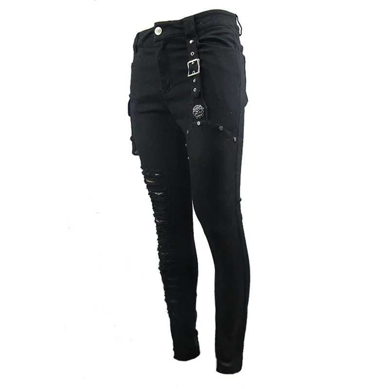 PT089 punk rock asymmetric broken hole men straight-leg pants