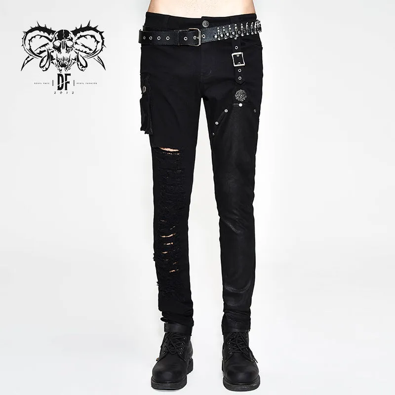 PT089 punk rock asymmetric broken hole men straight-leg pants