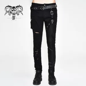 PT089 punk rock asymmetric broken hole men straight-leg pants