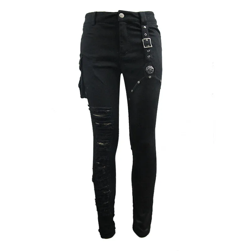 PT089 punk rock asymmetric broken hole men straight-leg pants