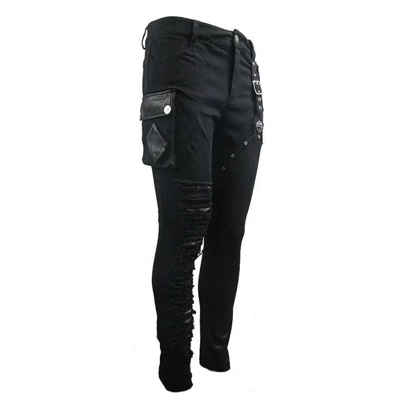 PT089 punk rock asymmetric broken hole men straight-leg pants