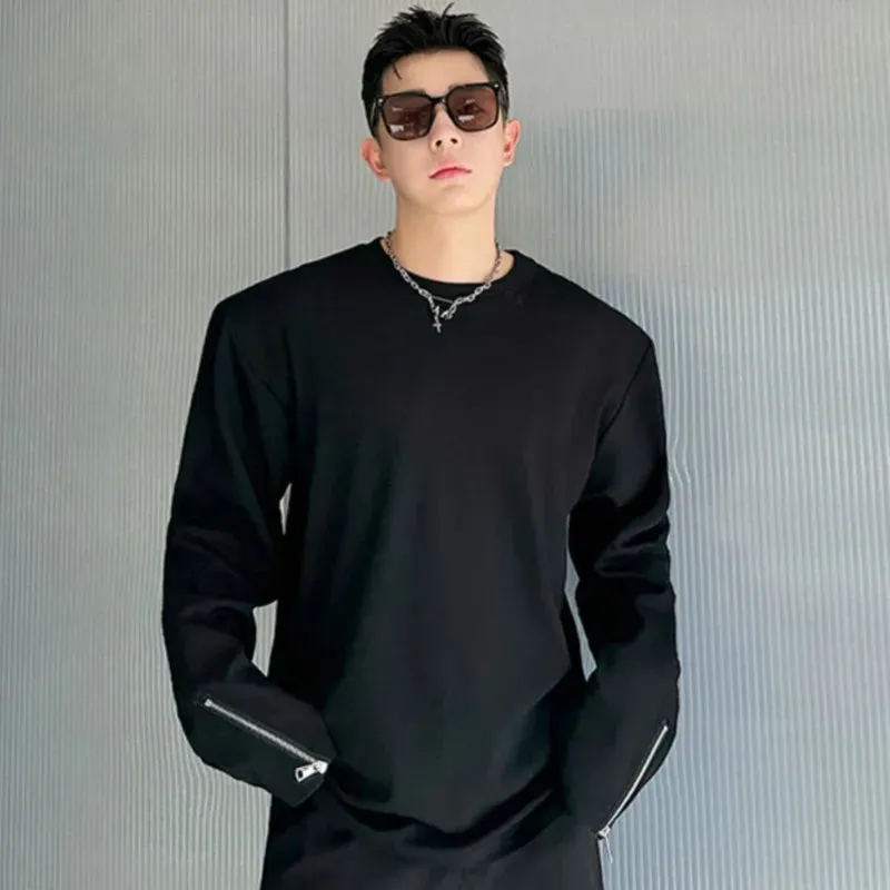 Round Collar Men's T-shirt Embroidery Casual Long Sleeve Zipper Design Male Pullover Tops Korean Fashion 9C4484