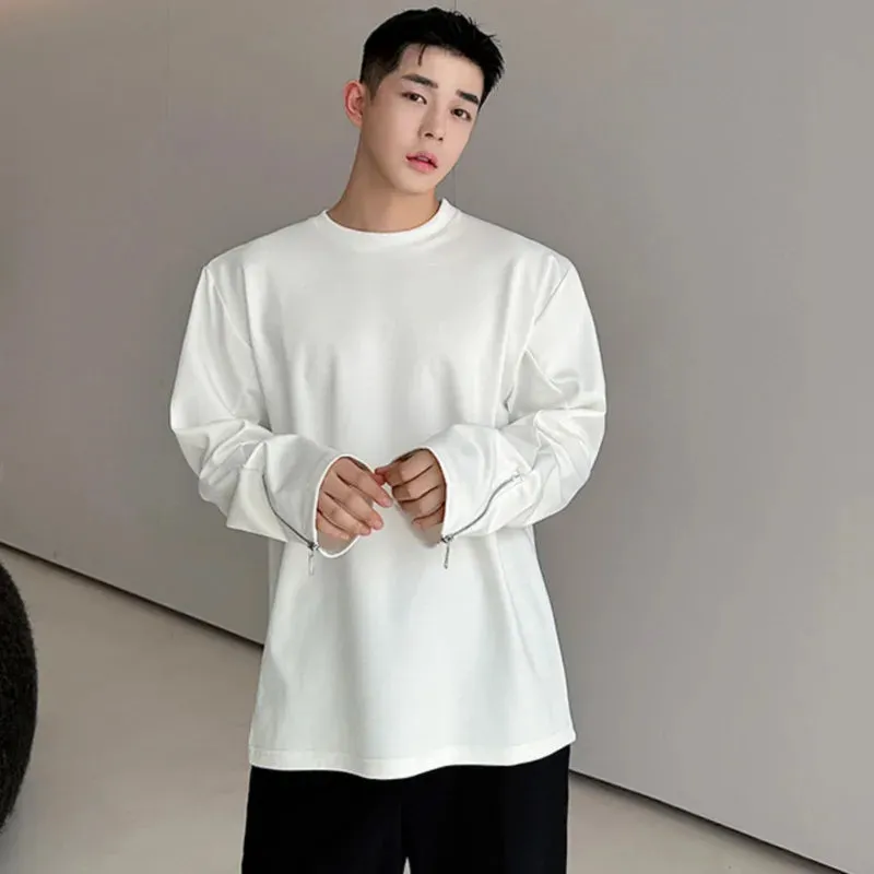 Round Collar Men's T-shirt Embroidery Casual Long Sleeve Zipper Design Male Pullover Tops Korean Fashion 9C4484