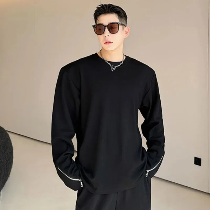 Round Collar Men's T-shirt Embroidery Casual Long Sleeve Zipper Design Male Pullover Tops Korean Fashion 9C4484